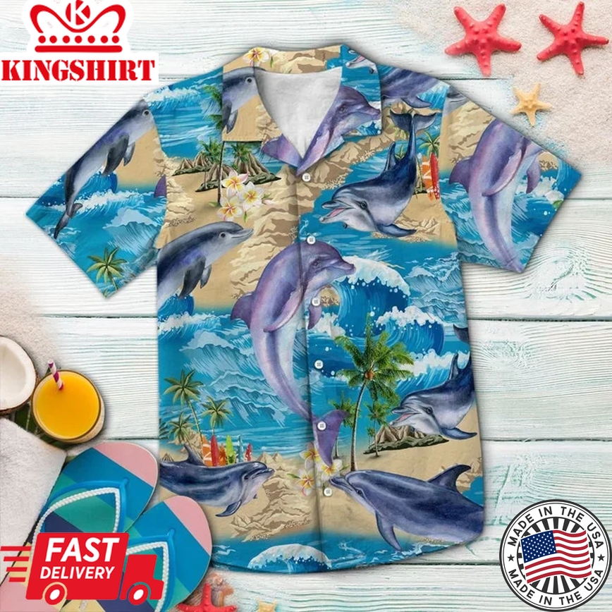 Awesome Dolphin Summer Vacation Ocean Wave Pattern Trendy Hawaiian Shirt