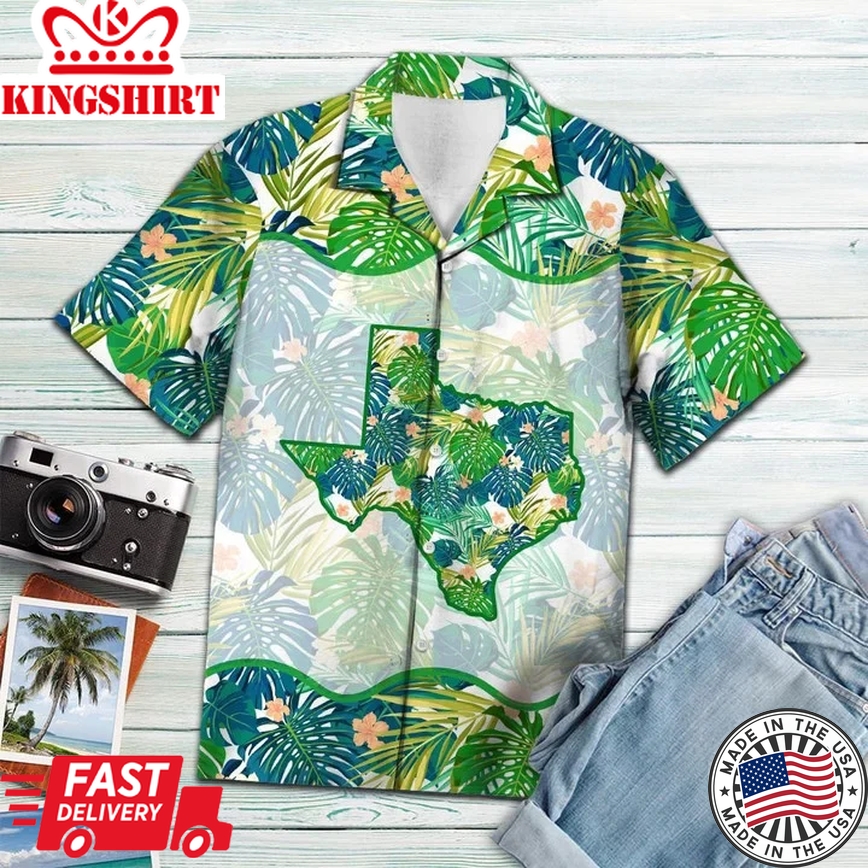 Awesome Flag Of Texas Green Tropical Plants Pattern Trendy Hawaiian Shirt