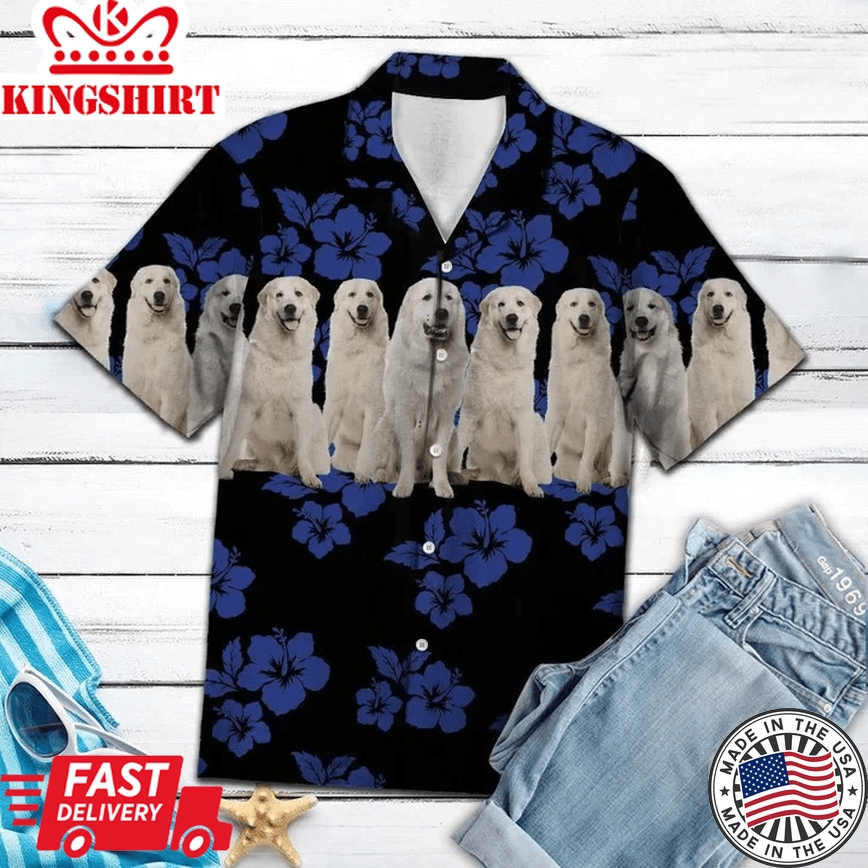 Awesome Great Pyrenees Dogs Tropical Hibiscus On Black Trendy Hawaiian Shirt