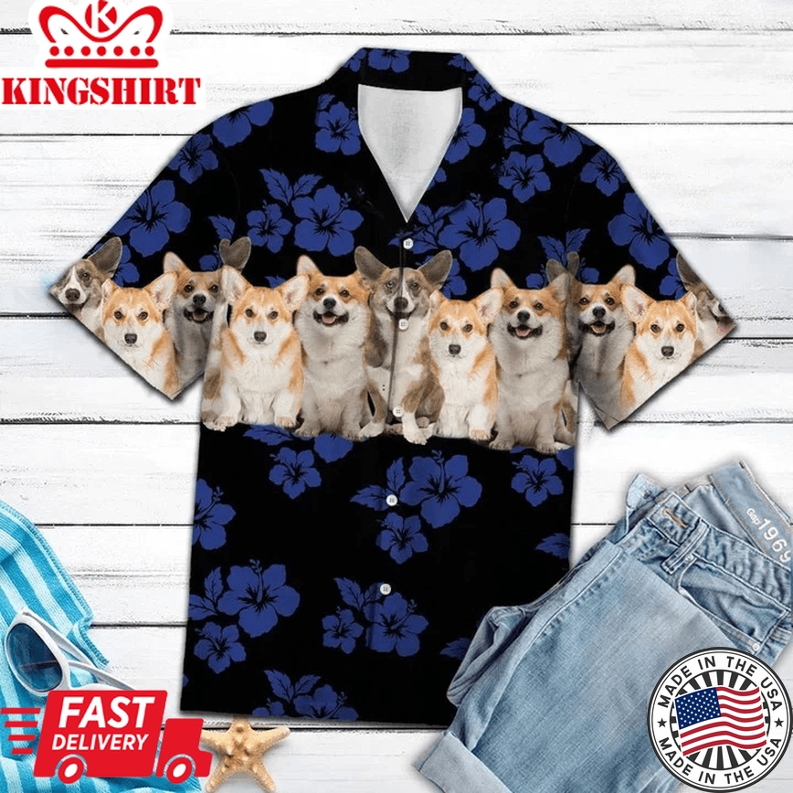 Awesome Pembroke Welsh Corgi Tropical Hibiscus On Black Pattern Trendy Hawaiian Shirt