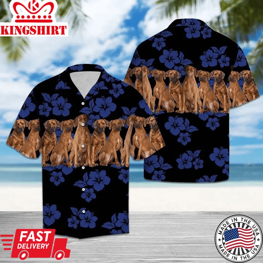 Awesome Rhodesian Ridgeback Dog Group On Hibiscus Pattern Trendy Hawaiian Shirt