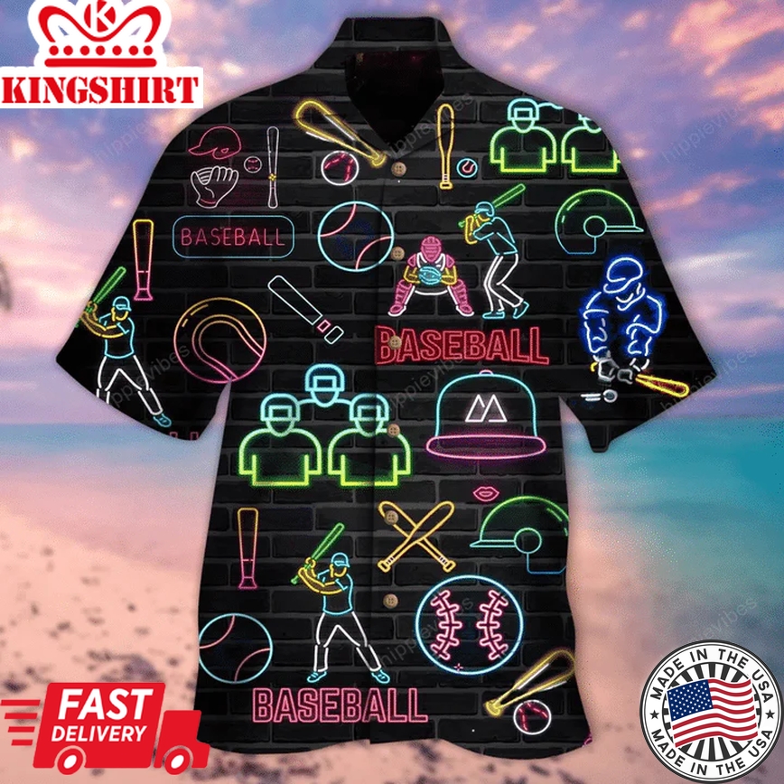 Baseball Neon Color Pattern Black Theme Trendy Hawaiian Shirt