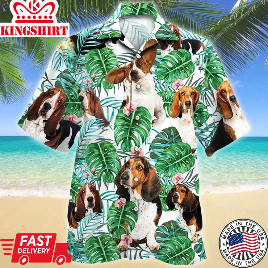 Basset Hound Dog Tropical Plant Leaves Pattern Trendy Hawaiian Shirt, Short Sleeve Hawaiian Aloha Shirt