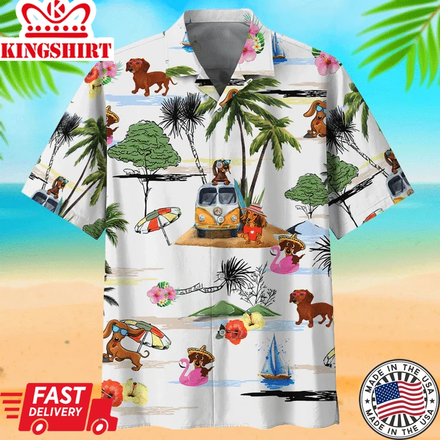 Beach And Dachshunds Cute Beach Cartoon Trendy Hawaiian Shirt