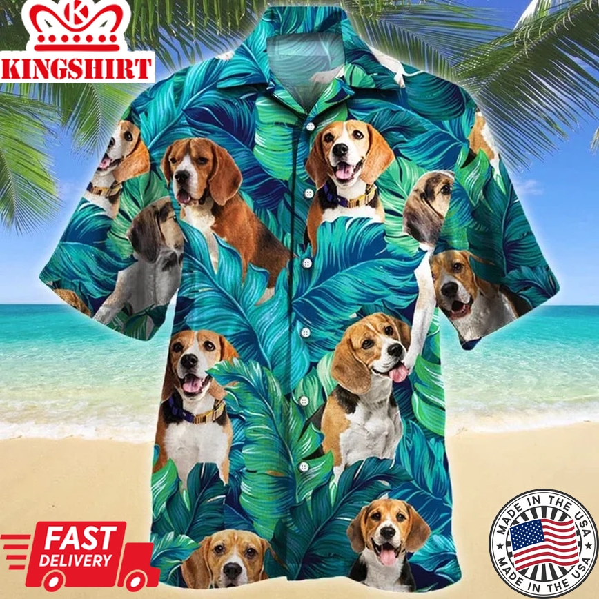 Beagle Dog Lovers Gift Summer Beach Palm Tree Pattern Trendy Hawaiian Shirt, Short Sleeve Trendy Hawaiian Shirt For Men