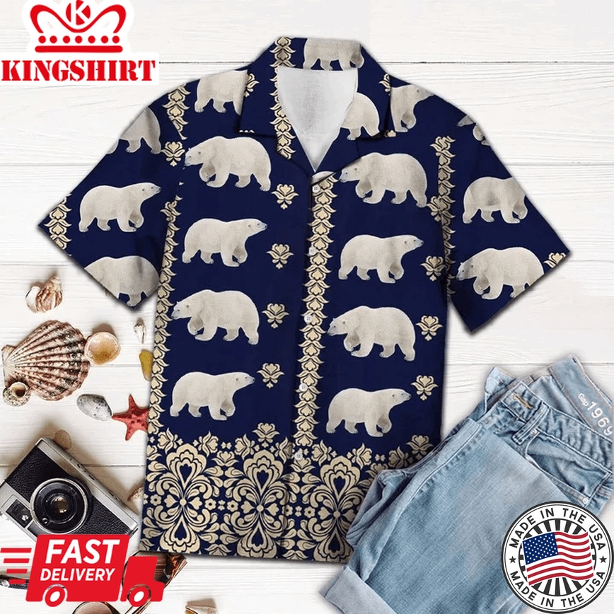 Bear Trendy Hawaiian Shirt, Great Gift For Polar Bear Lover Navy Pattern Trendy Hawaiian Shirt