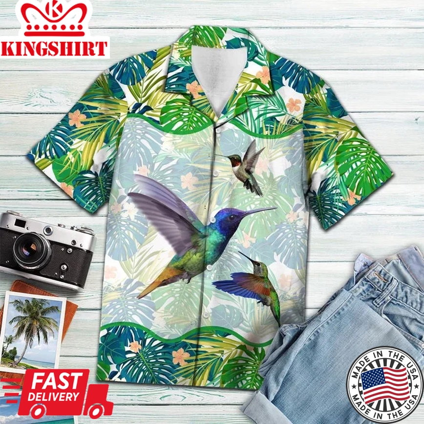 Beautiful Hummingbird Green Tropical Leaves Pattern Trendy Hawaiian Shirt