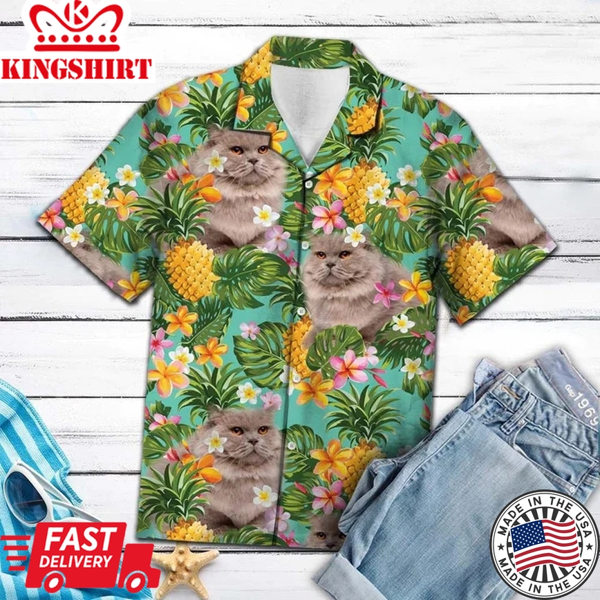 Beautiful Tropical Pineapple Mix British Longhair Print Trendy Hawaiian Shirt