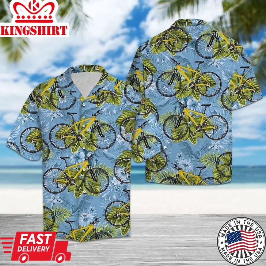 Biking Tropical Leaves On Bike Blue Themed Trendy Hawaiian Shirt