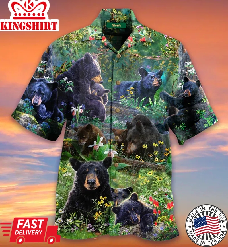 Black Bear Family Colorful Flower Jungle Hawaiian Shirt 3D Summer Gifts