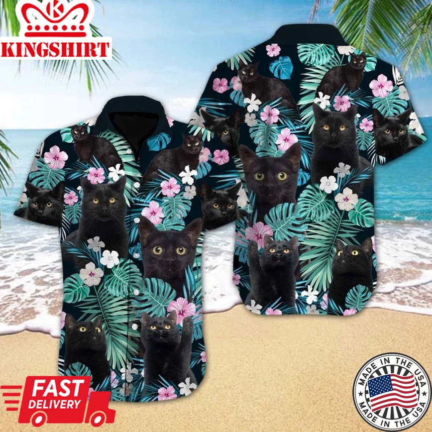 Black Cat Flower Spring Design Trendy Hawaiian Shirt