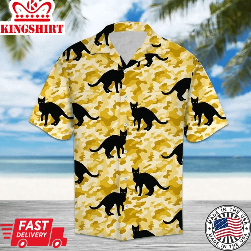 Black Cat Mix Waxen Camo Trendy Hawaiian Shirt, Black Cat Aloha Hawaii Shirt For Men, Women