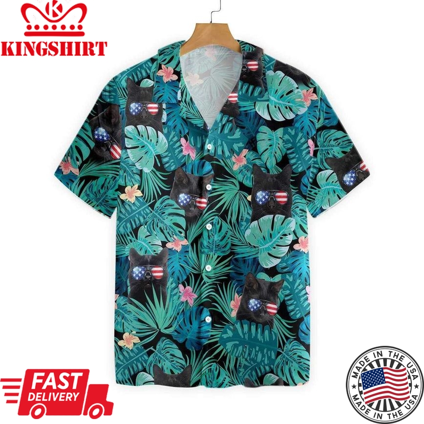 Black Cat Tropical 4Th Of July Trendy Hawaiian Shirt, Tropical Flower Trendy Hawaiian Shirt, Summer Vacation