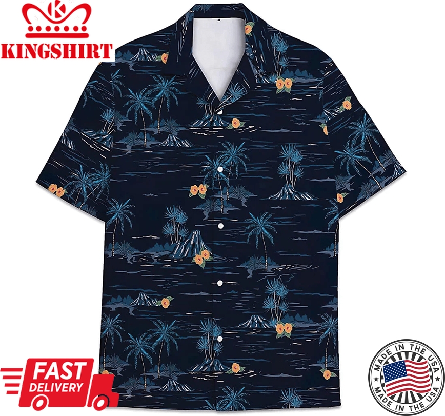 Black Coconut Tree Island Trendy Hawaiian Shirt, Button Up Aloha Shirt For Men, Women