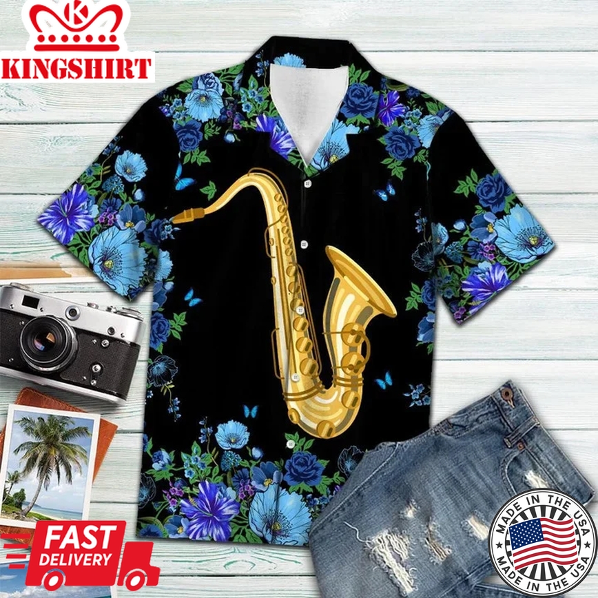 Blue Flower Frame Cover Saxophone On Black Pattern Trendy Hawaiian Shirt