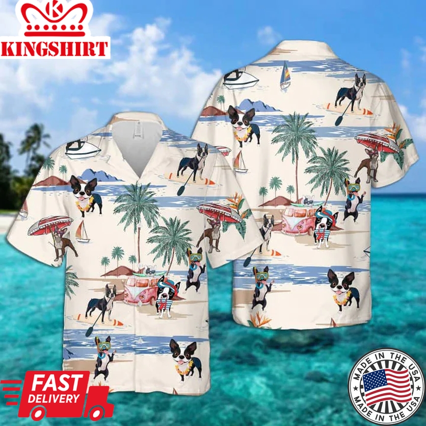 Boston Terrier Summer Beach Trendy Hawaiian Shirt, Trendy Hawaiian Shirts For Men, Trendy Hawaiian Shirts For Men, Aloha Beach Shirt