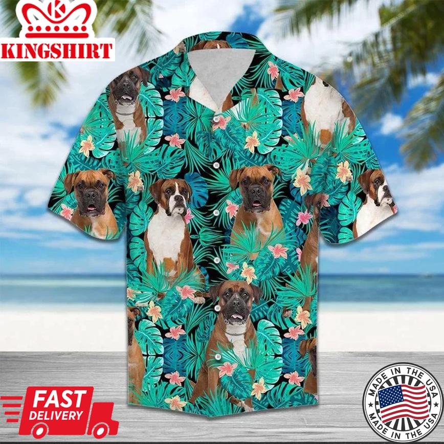 Boxer Trendy Hawaiian Shirts, Summer Shirts, Dog Lover Shirts, Cool Boxer Tropical Jungle Design Trendy Hawaiian Shirt