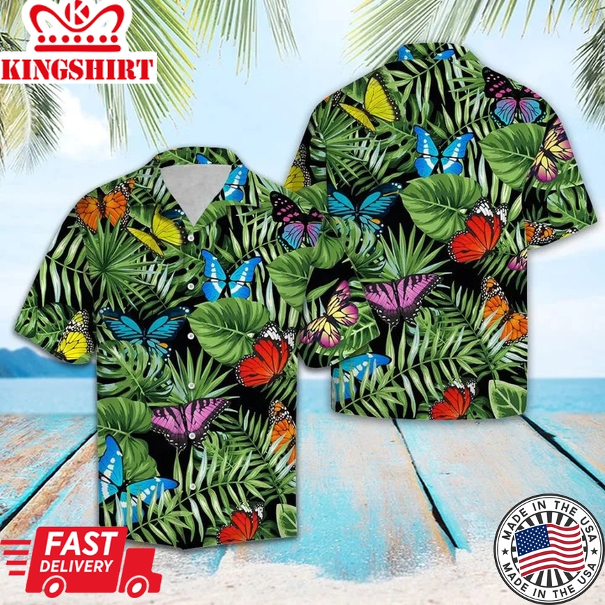 Butterfly And Green Tropical Leaves Design Trendy Hawaiian Shirt