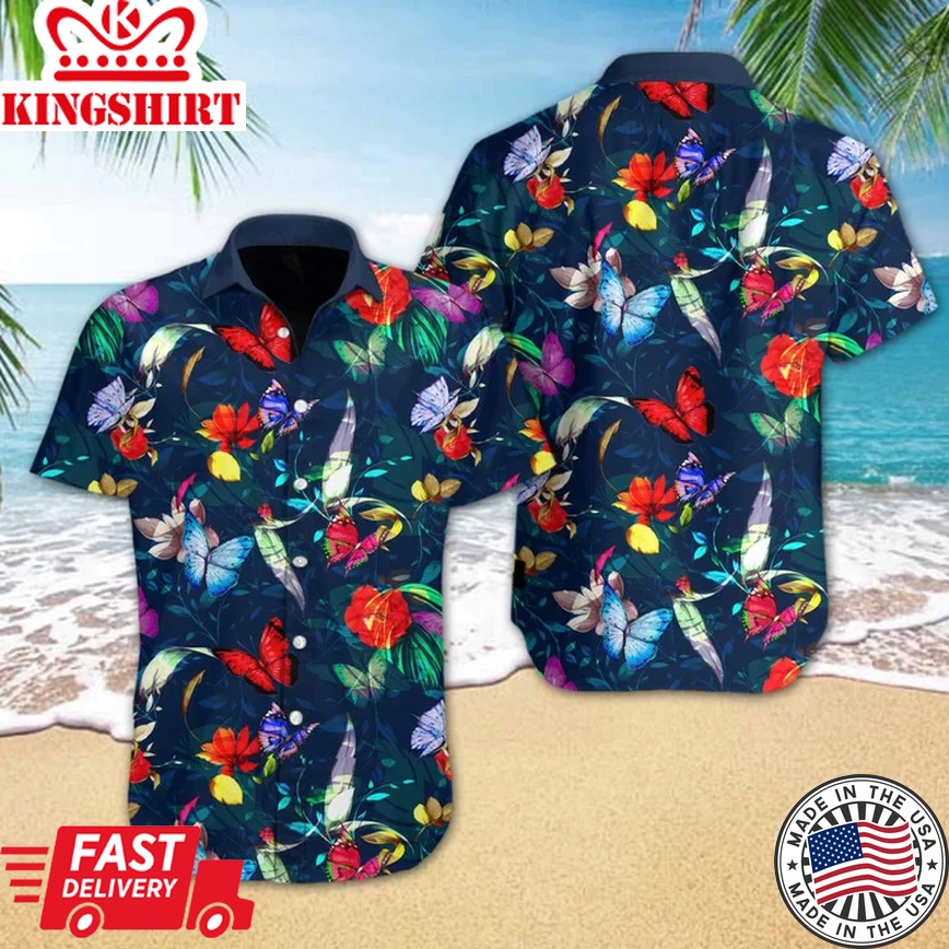 Butterly Flower On Dark Blue Design Trendy Hawaiian Shirt