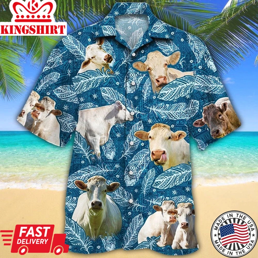 Charolais Cattle Lovers Blue Feather Trendy Hawaiian Shirt