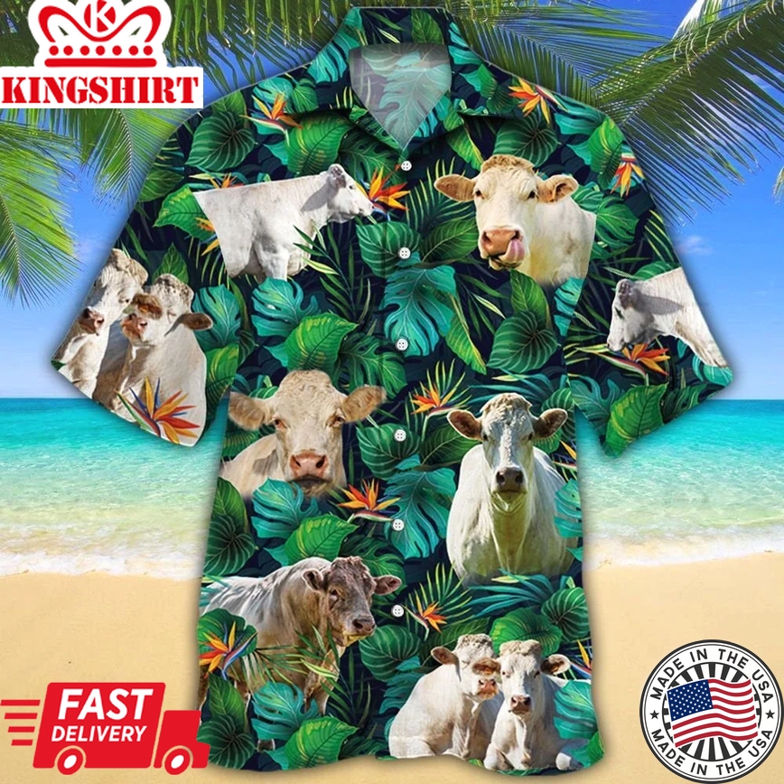 Charolais Cattle Lovers Tropical Leaves Trendy Hawaiian Shirt