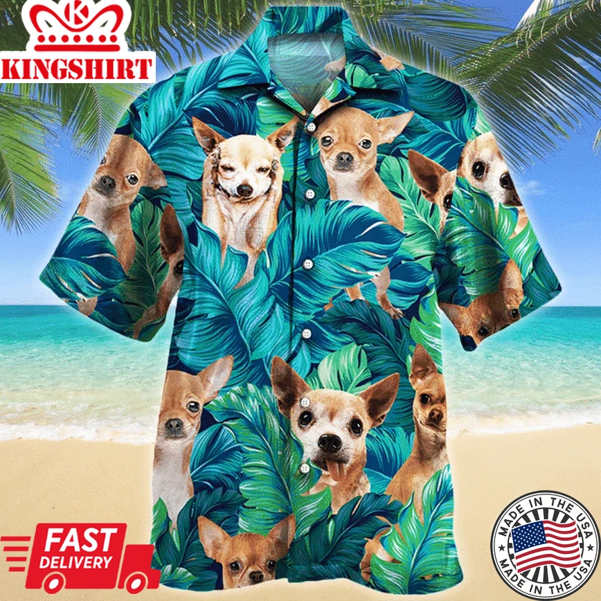 Chihuahua Tropical Hawaii Shirt For Dog Lovers, Hiding Chihuahua Dog In Tropical Palm Leaves Pattern Trendy Hawaiian Shirt