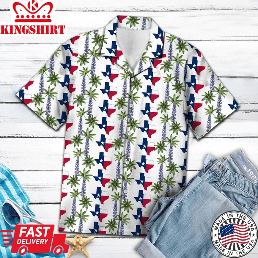 Classic Map Of Texas Flag Bluebonnet And Leaves Pattern Trendy Hawaiian Shirt