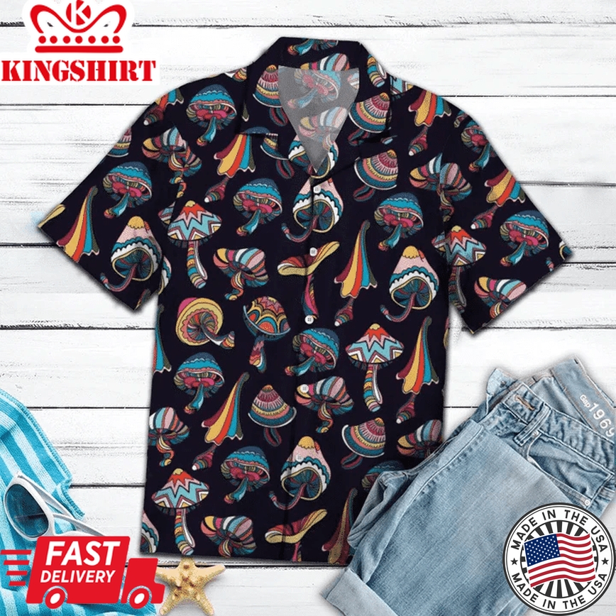 Colorful Mushroom In Black Background Trendy Hawaiian Shirt