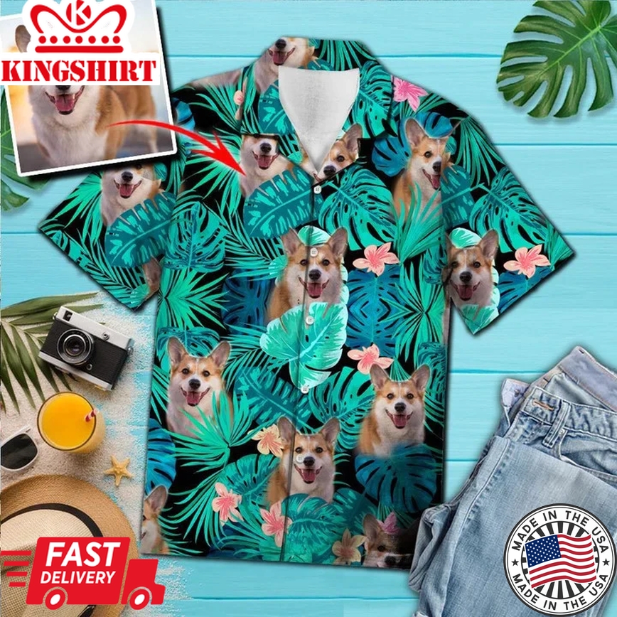 Corgi Hideaway: Custom Photo Pembroke Welsh Corgi Face Trendy Hawaiian Shirt