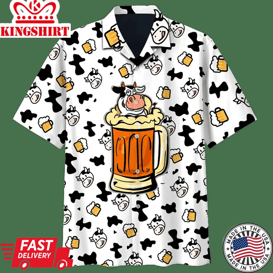 Cow And Beer Cow Skin Pattern Black And White Theme Trendy Hawaiian Shirt