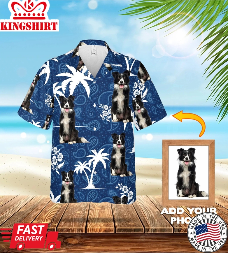 Custom Photo Dog Palm Blue Hawaii Shirt, Dog Flowers Pattern Short-Sleeve Trendy Hawaiian Shirt, Hawaii Shirt For Men And Women