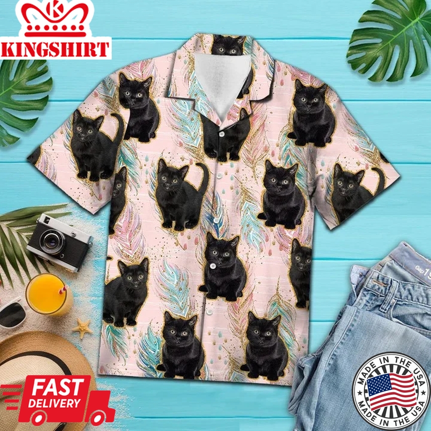 Cute Baby Black Cat Boho Feather Pattern Trendy Hawaiian Shirt