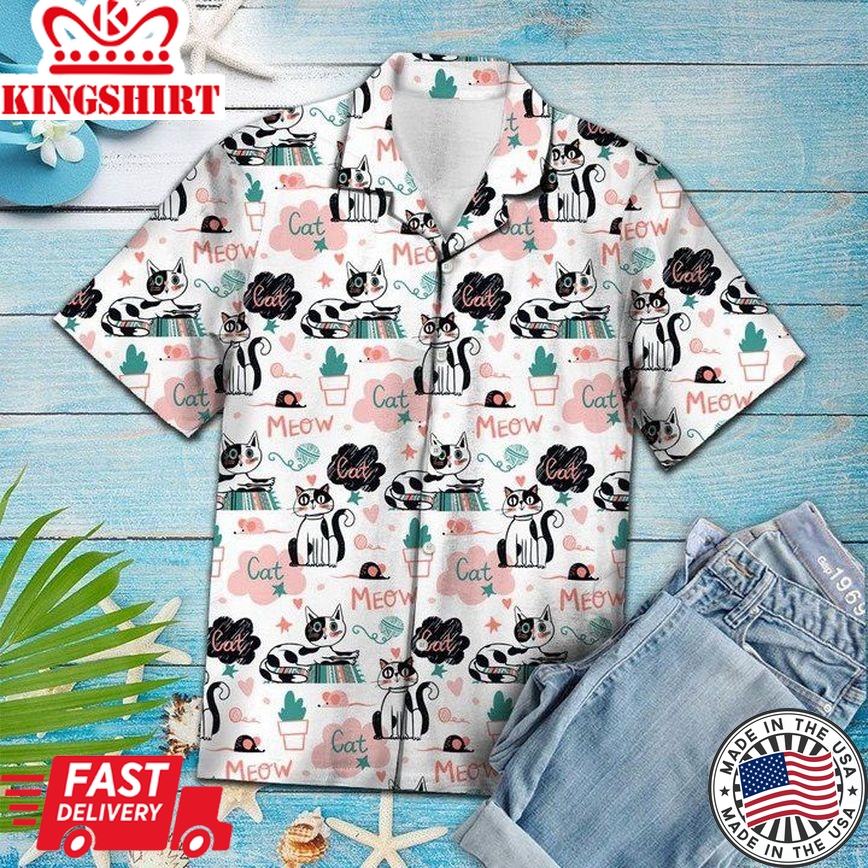 Cute Cat Say Meow Activities Of A Day Pattern Trendy Hawaiian Shirt