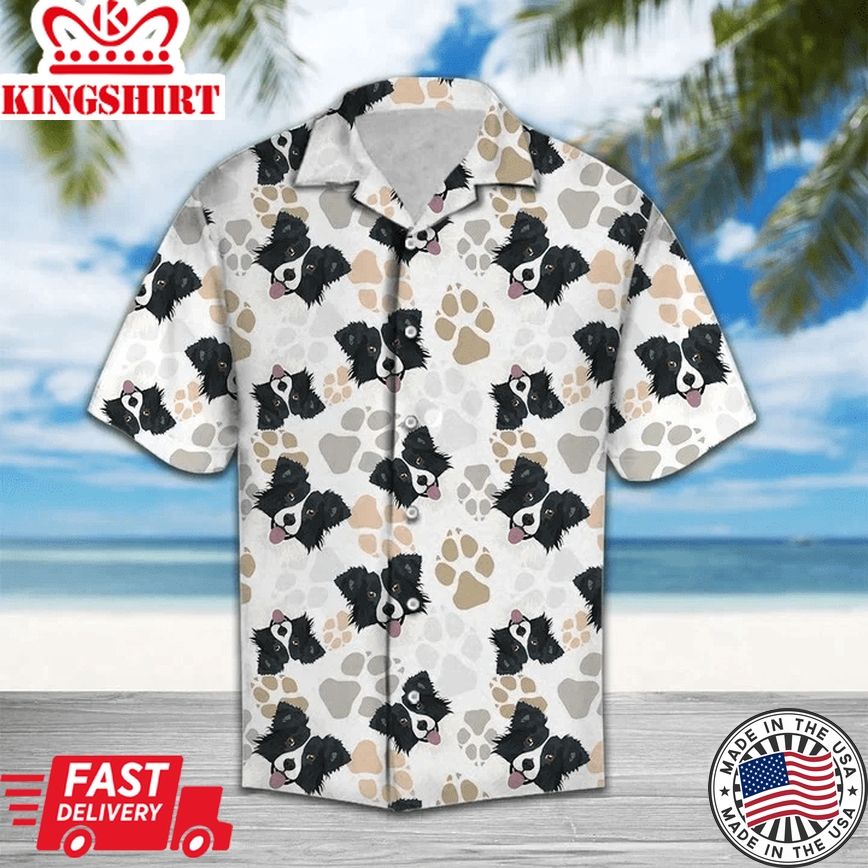 Cute Collie Face With Paw Pattern Trendy Hawaiian Shirt