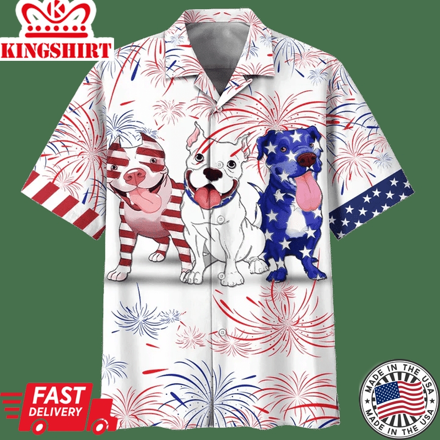 Cute Pitbull Pattern Red And Blue Firework Trendy Hawaiian Shirt