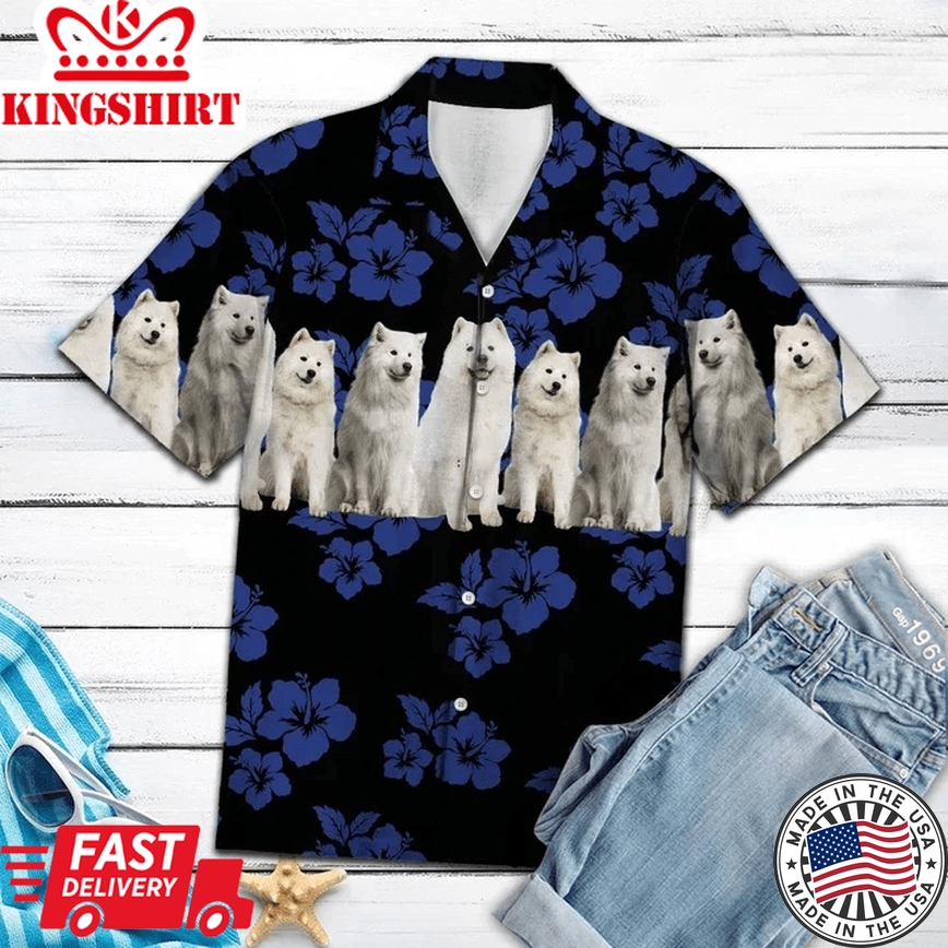 Cute Samoyed Dogs With Blue Hibiscus In Black Trendy Hawaiian Shirt