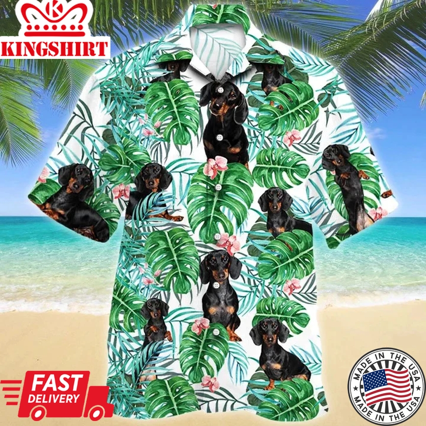 Dachshund Dog Tropical Plant White Theme Trendy Hawaiian Shirt