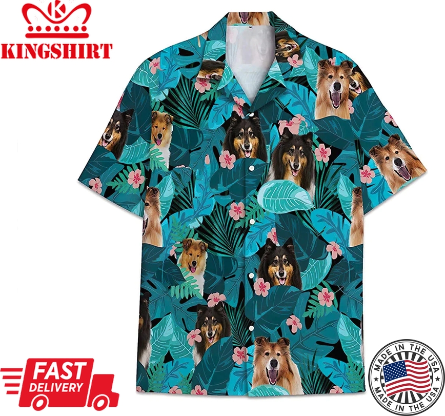 Dog Shetland Sheepdogs Pattern Short Tall Trendy Hawaiian Shirt, Button Up Aloha Shirt For Men, Women