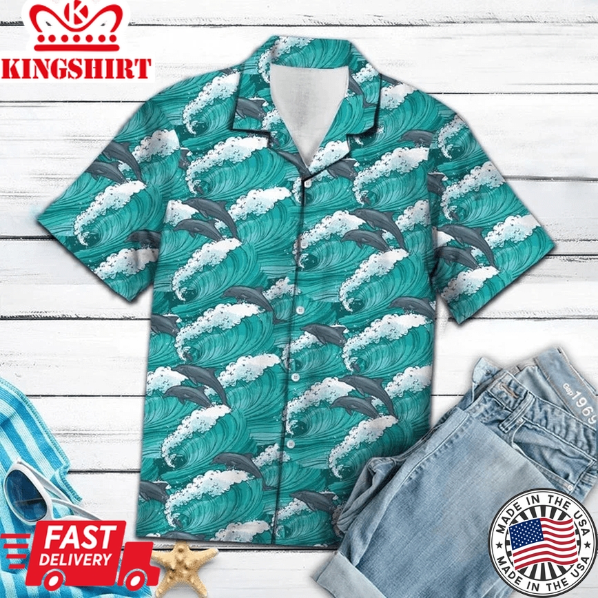 Enticing Dolphin Jumping On Huge Waves Pattern Trendy Hawaiian Shirt