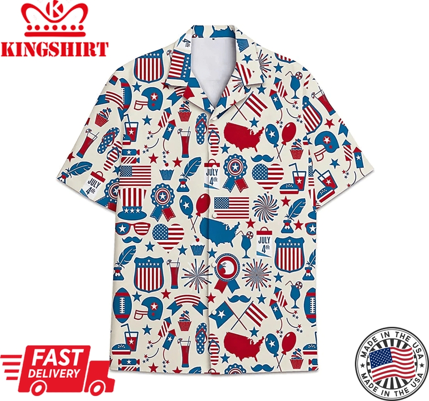 Feather Armorial American Flag Short Tall Button Trendy Hawaiian Shirt, Button Up Aloha Shirt For Men, Women