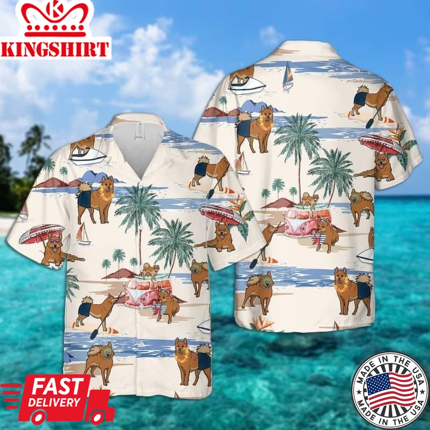 Finnish Spitz Summer Beach Trendy Hawaiian Shirt, Dog Beach Short Sleeve Trendy Hawaiian Shirt