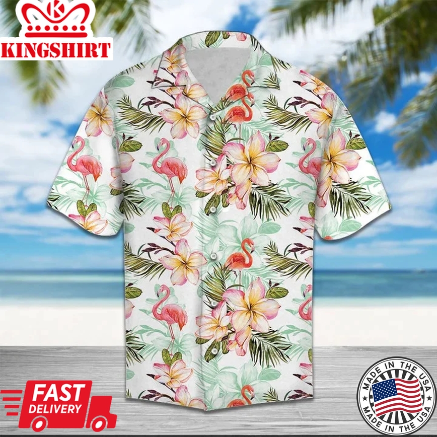 Flamingo Frangipani Flower While Theme Trendy Hawaiian Shirt