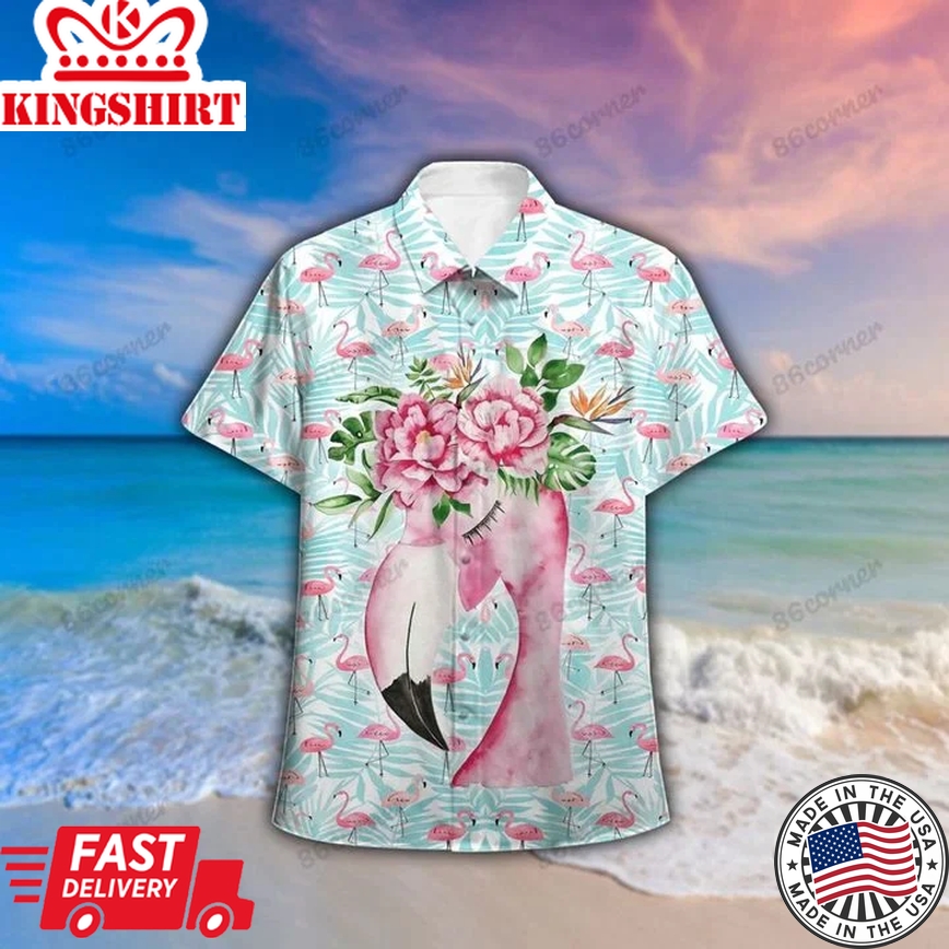 Flamingo On Ice Blue Pattern Hawaii Shirt, Summer Aloha Shirt, Gift For Summer