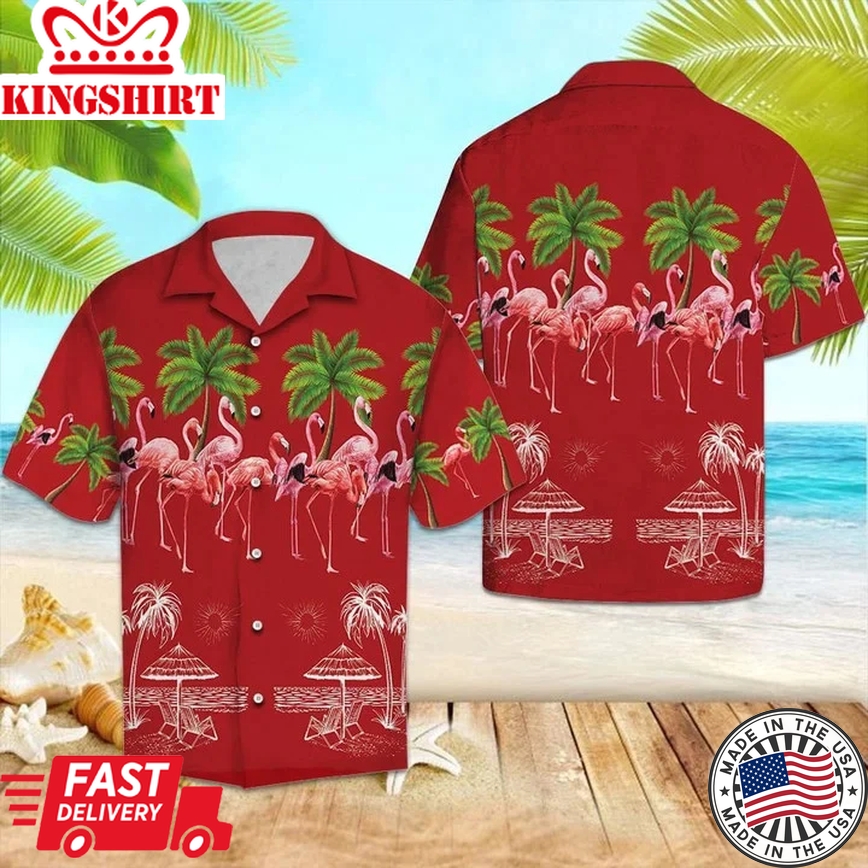 Flamingo Summer With Palm Trees In Red Trendy Hawaiian Shirt