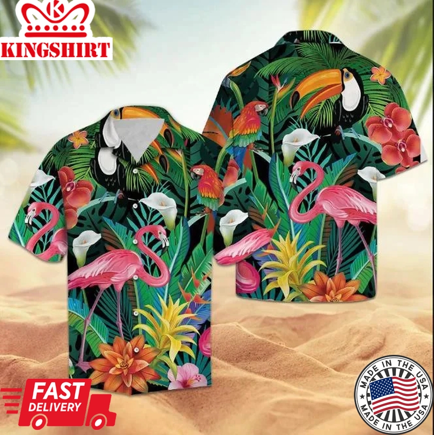 Flamingo Trendy Hawaiian Shirt, Tropical Animal Species Cool Design Trendy Hawaiian Shirt