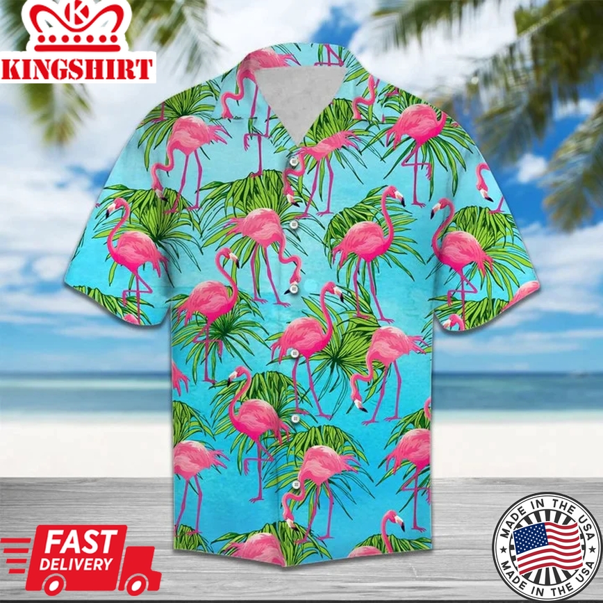 Flamingo Tropical Palm Leaves Summer Vacation Themed Trendy Hawaiian Shirt