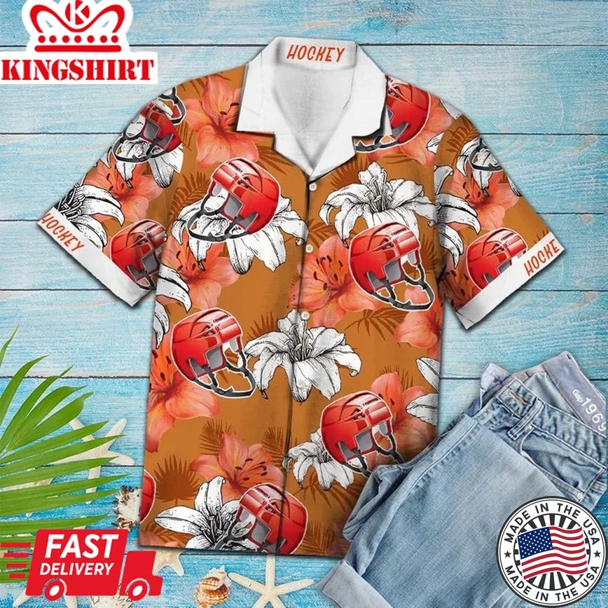 Flower Trendy Hawaiian Shirt Men, Vivid Flower And Hockey Helmet Gift For Hockey Lover Trendy Hawaiian Shirt