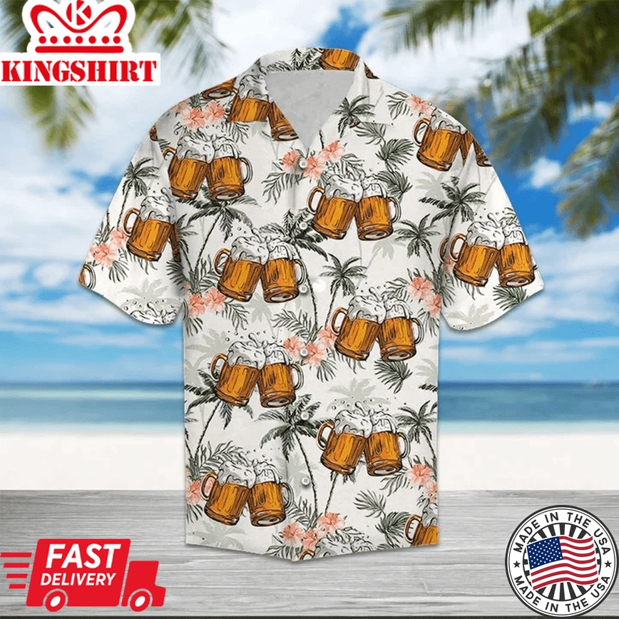 Fresh Beer With Foam Palm Trees Trendy Hawaiian Shirt