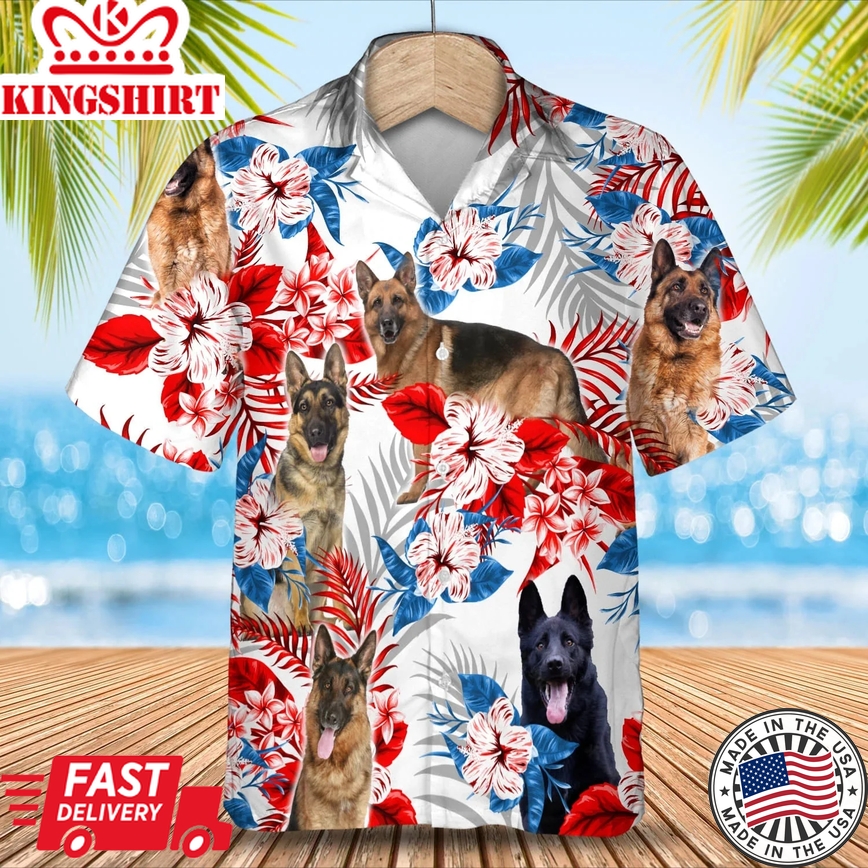 German Shepherd American Flag Trendy Hawaiian Shirt, Summer Aloha Shirt, Men Trendy Hawaiian Shirt, Gift For Summer