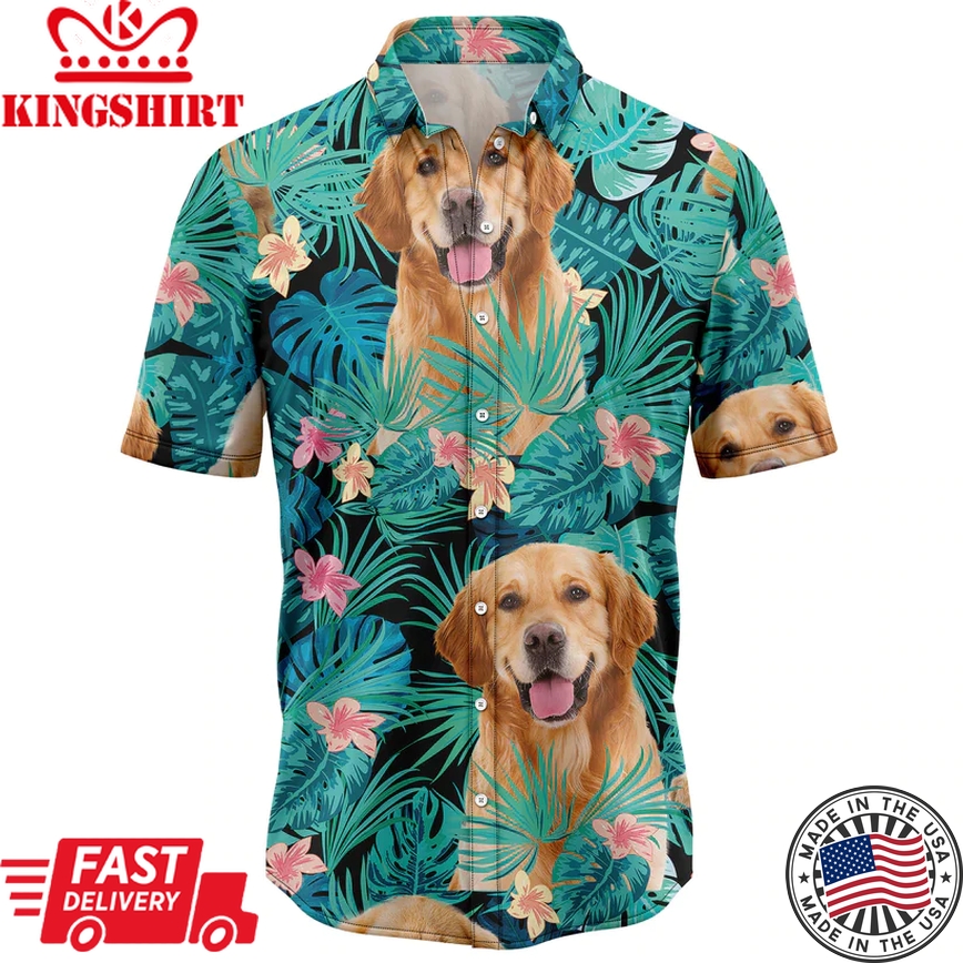 Golden Retriever Tropical Trendy Hawaiian Shirt, Summer Trendy Hawaiian Shirts For Men, Aloha Beach Shirt